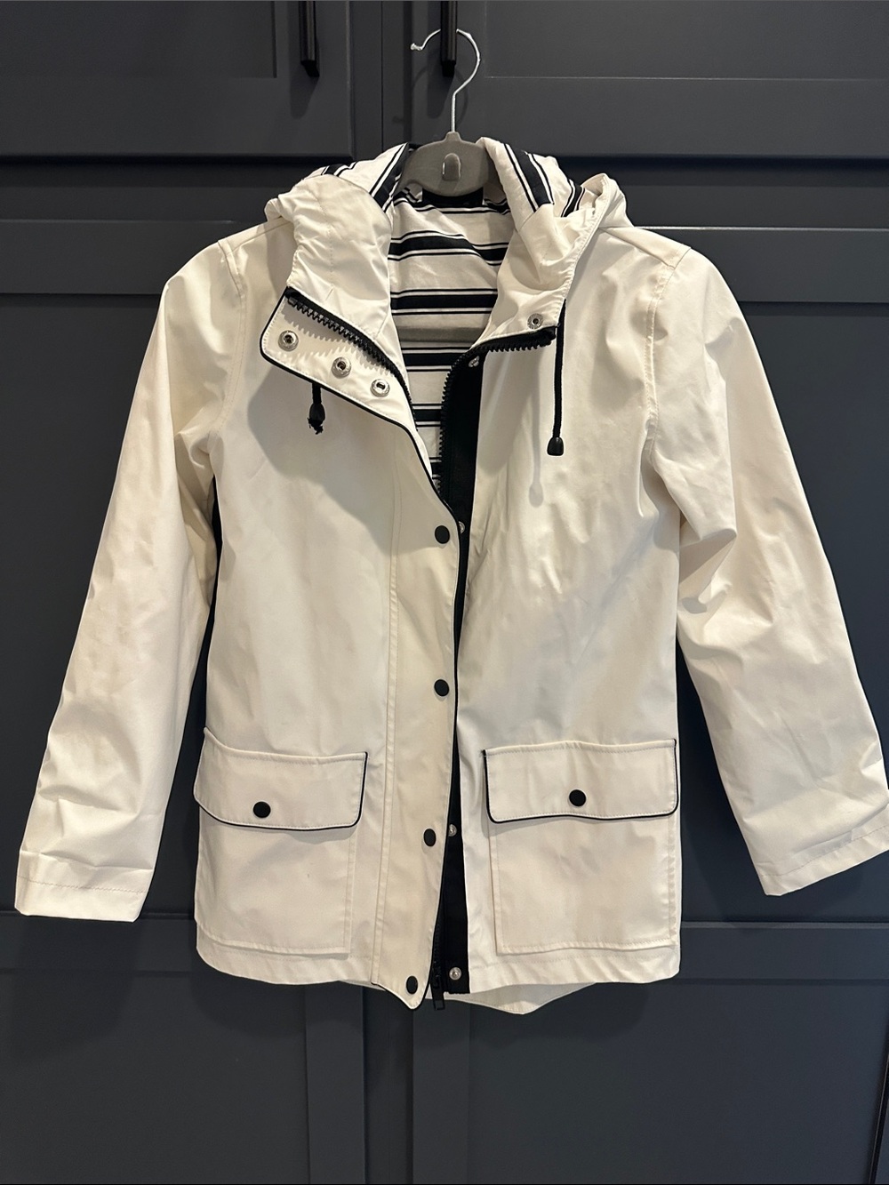 Topshop Black and White Hooded Raincoat with Striped Lining